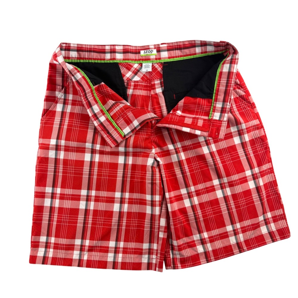 IZOD Golf PerformX Mens Red White Plaid Shorts Size 36 Flat Front Performance